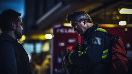 Firefighter and paramedic exchange a knowing look both expressing gratitude for successful collaboration
