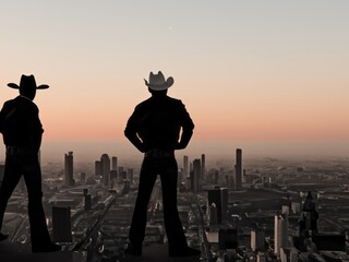 silhouette of cowboys lokking to the city - obrazy, fototapety, plakaty