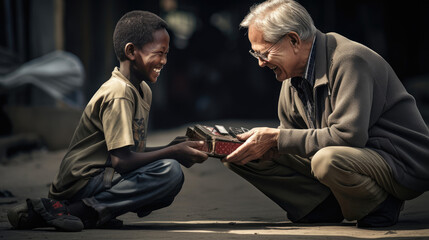 A mentor and a high-achieving protege share appreciative smiles the mentor offering a gift box as a token of recognition for the protege's exceptional work.