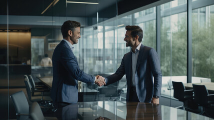 Two colleagues in a glass-walled meeting room exchange smiles and applause celebrating the culmination of a highly successful business presentation.