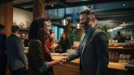 In a bustling co-working space a project manager extends a congratulatory handshake to a key contributor
