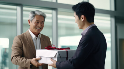 Fototapeta na wymiar In a bustling office space a mentor and a high-achieving protege exchange appreciative smiles the mentor offering a gift box as a token of recognition for the protege's exceptional work.