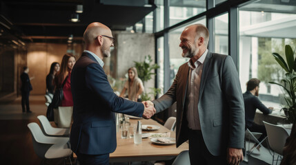 In a bustling co-working space a project manager extends a congratulatory handshake to a key contributor expressing gratitude for their indispensable role in a critical project.