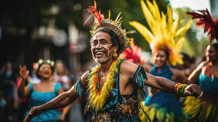 An exuberant cultural parade led by friends in vibrant traditional attire representing European Indigenous South Pacific and South American cultures.