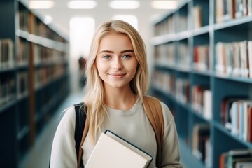 Smiling cute pretty blond girl, positive female teenage high school student holding backpack and books, looking at camera standing in modern university or college campus library. - obrazy, fototapety, plakaty