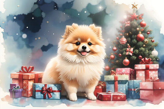 Watercolor painting of cute Pomeranian dog with Christmas tree and gift boxes. Illustration for design, invitation, greeting card, template, or wallpaper