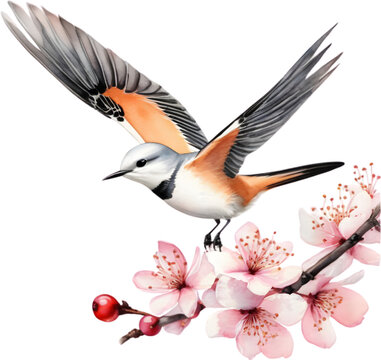 Watercolor paintings of colorful Scissor-tailed flycatcher birds.  