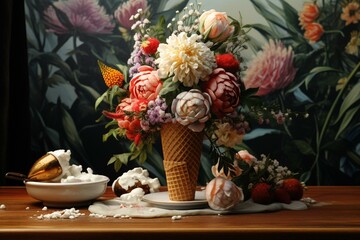 Obraz na płótnie Canvas an ice cream cone with flowers on a table in front of vases with flowers. Generative AI