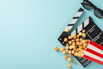 Awaiting the filmstrip's unveiling. Top view of a filmmaker's clapperboard, 3D glasses, scrumptious...