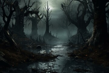 A haunting, eerie forest landscape created through digital art, with a spooky atmosphere perfect for Halloween. Generative AI - obrazy, fototapety, plakaty