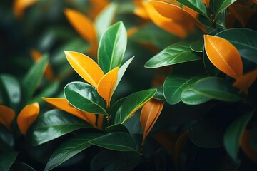 Green and orange leaves close-up, top view