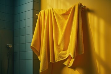 Yellow terry towel hanging on a hanger