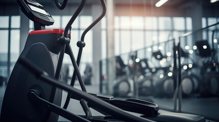 Stationary elliptical machine in well-organized gym. No individuals.