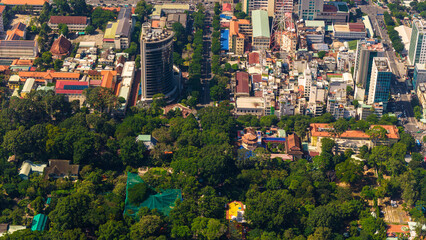 Naklejka premium Aerial view of Ho Chi Minh City skyline and skyscrapers in center of heart business at Ho Chi Minh City downtown.