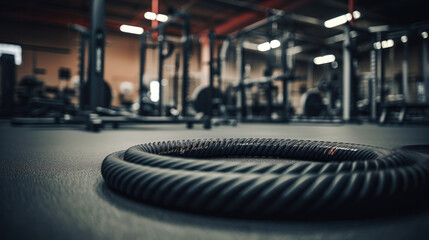 Battle rope coiled in gym. No individuals. - obrazy, fototapety, plakaty