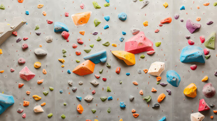 Detailed view of rock climbing wall with holds.