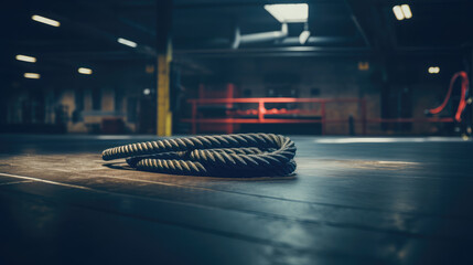 Focused shot of battle rope anchor in gym. - obrazy, fototapety, plakaty