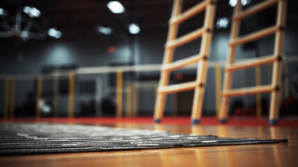 Up-close look at agility ladder rungs on gym floor. - obrazy, fototapety, plakaty