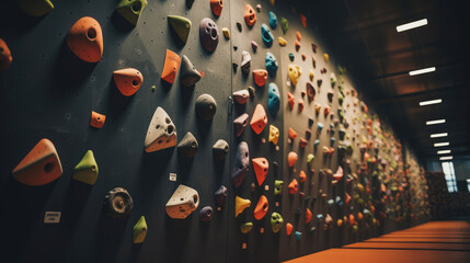 Detailed view of climbing holds affixed to wall in climbing gym. - obrazy, fototapety, plakaty