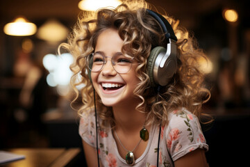 Happy girl in glasses with headphones