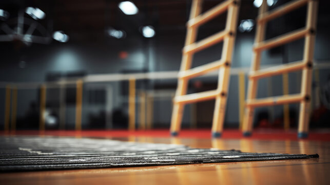 Up-close look at agility ladder rungs on gym floor.