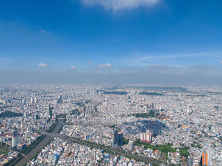 Obraz premium Aerial view of Ho Chi Minh City skyline and skyscrapers in center of heart business at Ho Chi Minh City downtown.