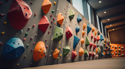 Climbing holds affixed to climbing gym wall no individuals.