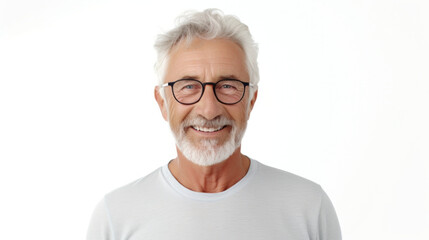 Ageless Joy: A Radiant Senior Man Stands with Poise, His Warm Smile Lighting Up the Frame, Set Against a Crisp White Backdrop Reflecting Purity.