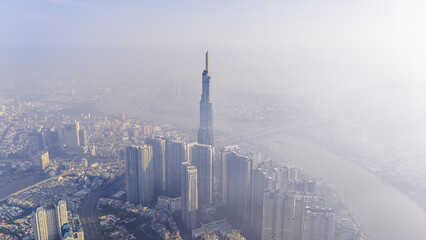 aerial view of early morning at Landmark 81 is a super tall skyscraper in center Ho Chi Minh City,...