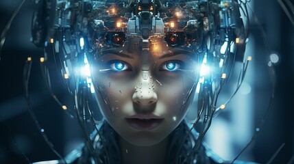 A close-up view of a woman with bright glowing eyes, cybernetic elements, and a futuristic design, symbolizing artificial intelligence and technology.