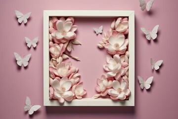 Magnolia flowers in a frame. Spring-themed floral design. Generative AI