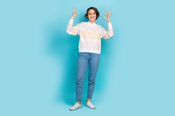 Full length portrait of nice positive person arms fingers demonstrate okey symbol isolated on blue color background