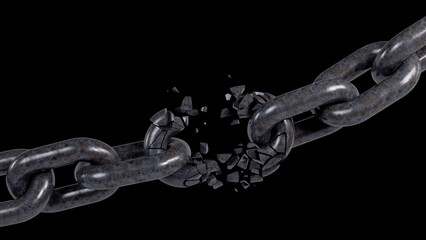 3D rendering of broken iron chain, freedom from restrictions, breaking all chains, Escaping boundaries concept