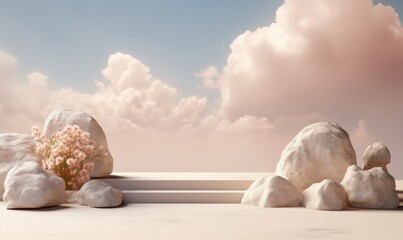 Serene scene with empty podium for display or product showcase with soft sky, fluffy clouds, and nature accents