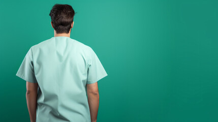 Fototapeta premium Friendly medical doctor or nurse in green uniform scrubs on copyspace background.