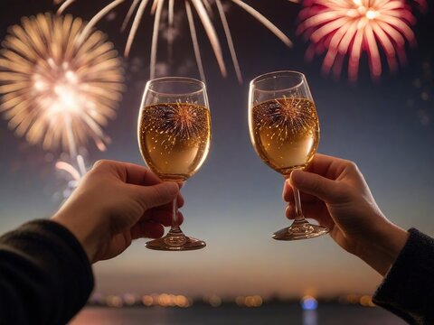 Manos brindando, sosteniendo una copa cada una, en se&ntilde;al de festejo, sobre fondo de juegos artificiales 