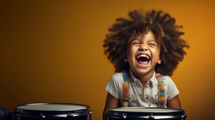 A joyful child is playing drums on a studio background with copy space. Creative banner for children's music school