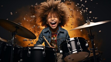 Fototapeta na wymiar A joyful child is playing drums on a studio background with copy space. Creative banner for children's music school
