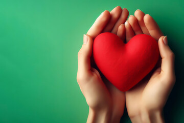 Obraz premium hands hold a red heart on a green background