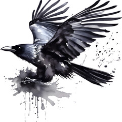 Watercolor paintings of a black crow bird.  