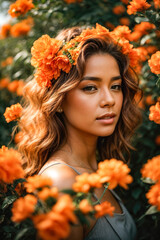 Naklejka premium A beautiful lady with orange flowers in her hair