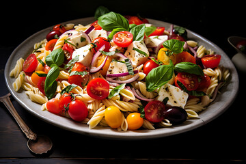 Vibrant ingredients of a Mediterranean-inspired pasta salad