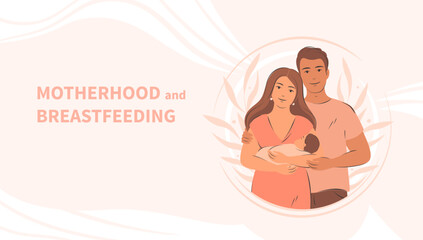 Family with newborn. Parents with child. Pregnancy and breastfeeding concept. Vector illustration.