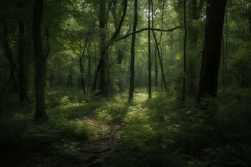 a dark woodland with tall trees and dense vegetation. Generative AI
