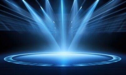 Elegant empty stage spotlight with brilliant blue beam illuminating a dark theatrical platform