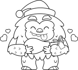 Outlined Happy Christmas Yeti Bigfoot Cartoon Character With Christmas Gift Leg Meat. Vector Hand Drawn Illustration Isolated On Transparent Background