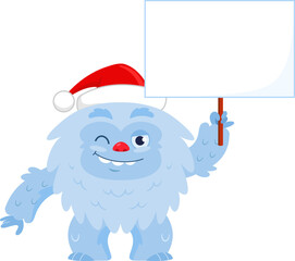 Cute Christmas Yeti Bigfoot Cartoon Character Holding Up A Blank Sign. Vector Illustration Flat Design Isolated On Transparent Background