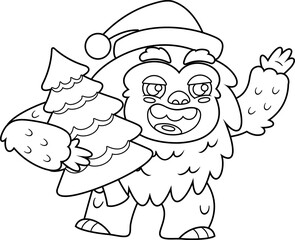 Outlined Cute Yeti Bigfoot Cartoon Character In Santa's Hat With Christmas Tree Waving. Vector Hand Drawn Illustration Isolated On Transparent Background