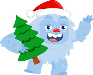 Cute Yeti Bigfoot Cartoon Character In Santa's Hat With Christmas Tree Waving. Vector Illustration Flat Design Isolated On Transparent Background