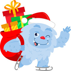Smiling Santa Yeti Bigfoot Cartoon Character With Christmas Bag Waving. Vector Illustration Flat Design Isolated On Transparent Background